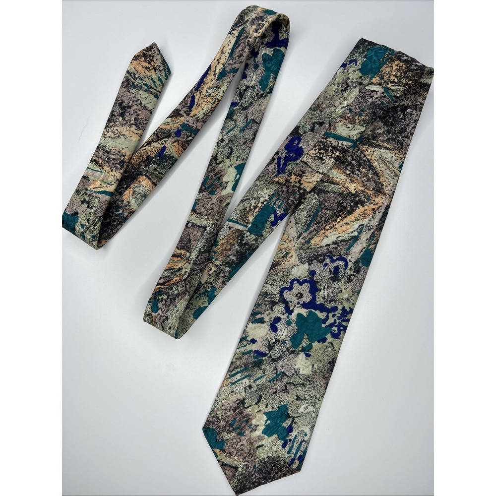 Men's Neck Tie, Silk Feel, Abstract Print W/ Teal, Royal Blue, Orange, And Green